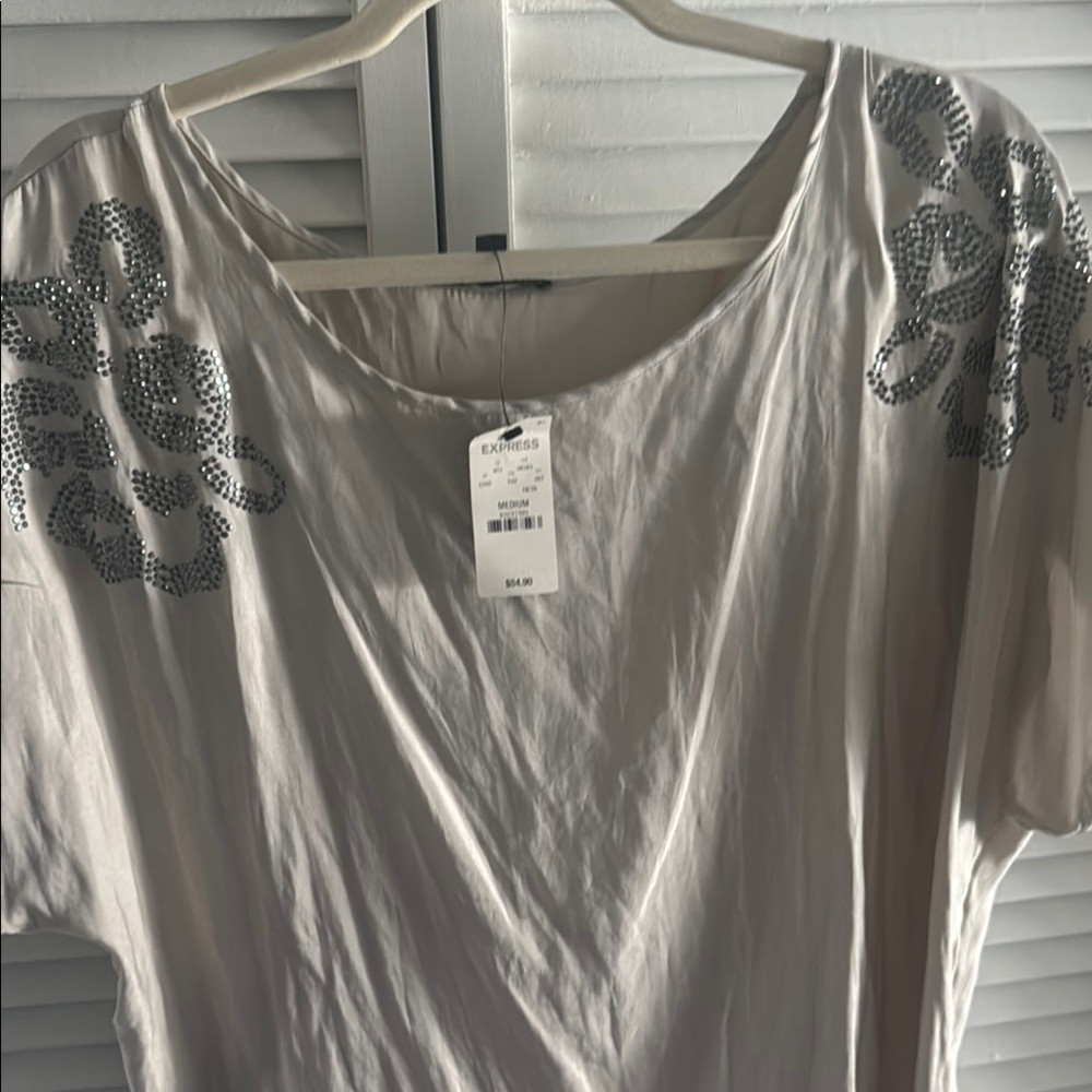 Express Gray Embellished Short Sleeve Blouse